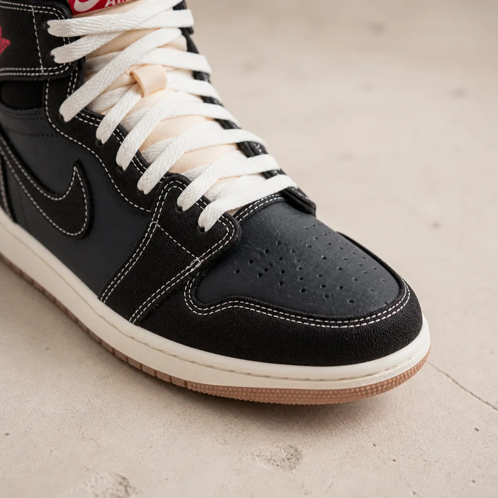 Front perspective of the toe box featuring the classic AJ1 shape with reinforced panel and perforated details
