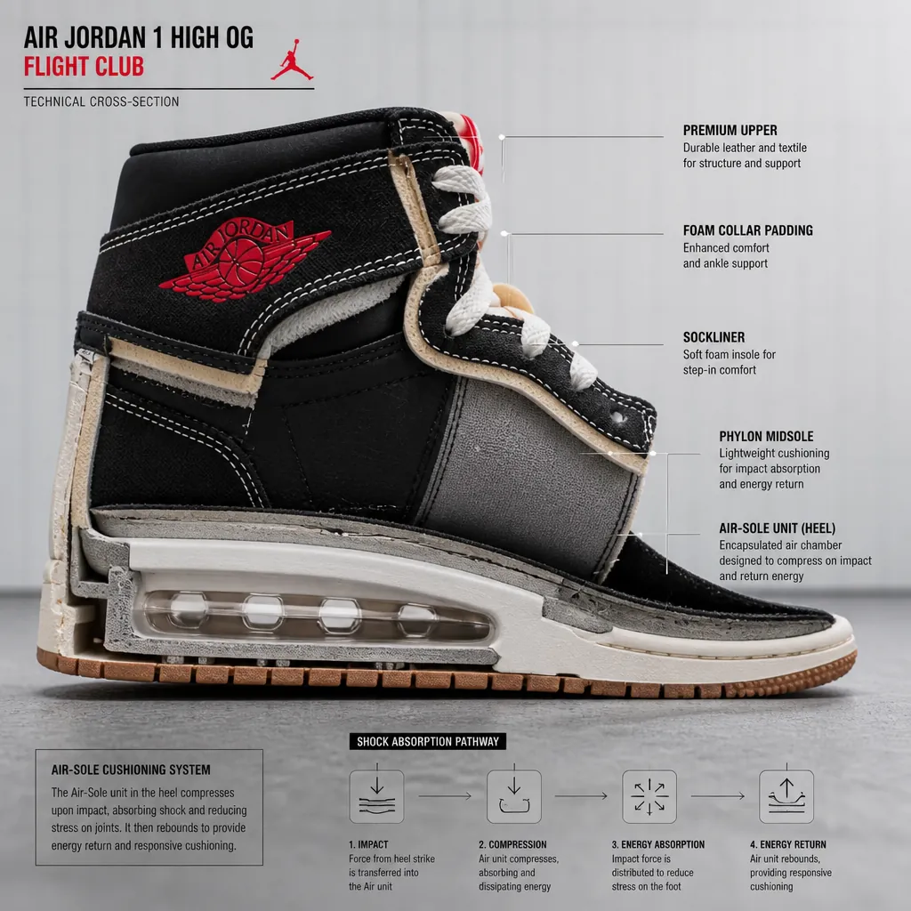 Technical cross-section illustration showing the internal Air-Sole cushioning system with labeled components and shock absorption pathway