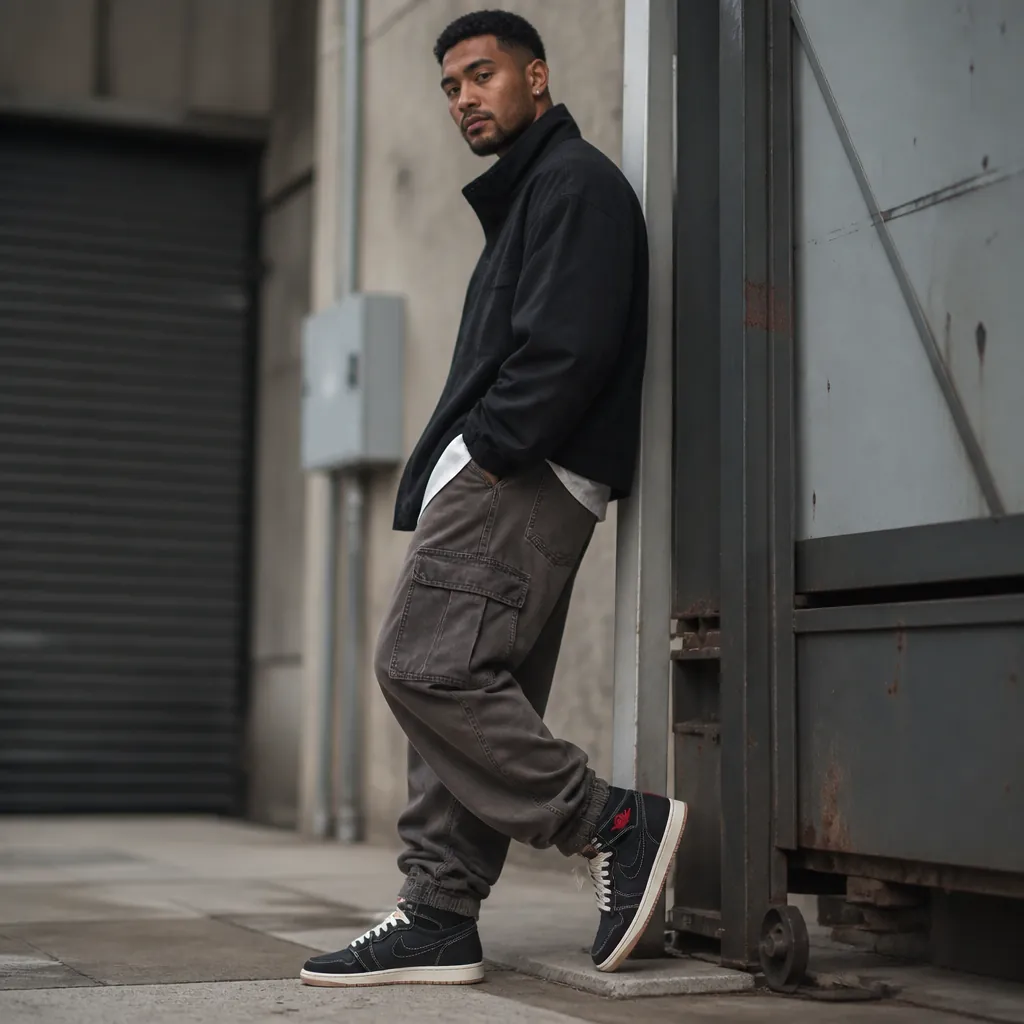 High fashion streetwear look featuring the Jordan 1s with cargo pants and oversized jacket in an industrial urban backdrop