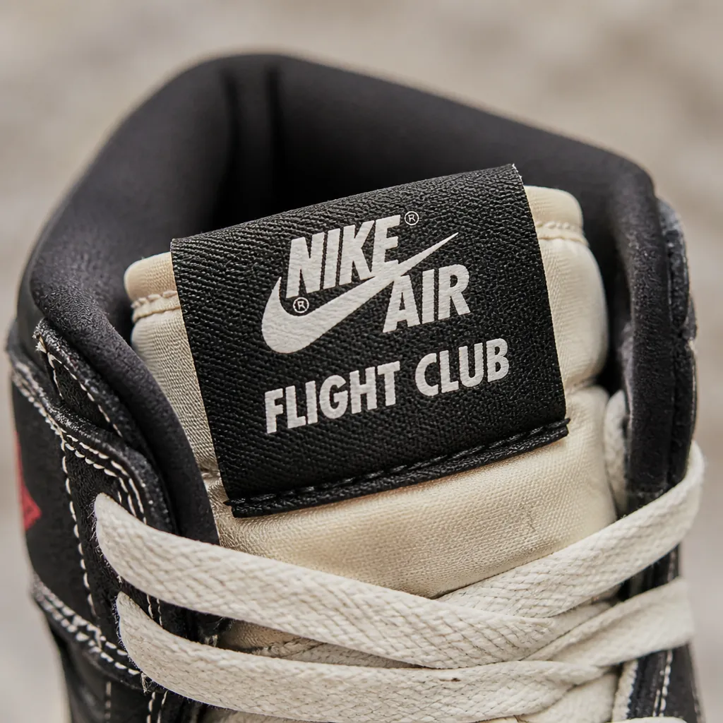 Close-up of the tongue tag displaying the Nike Air logo and Flight Club branding in crisp white lettering