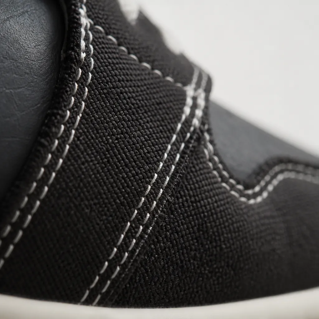 Close-up macro photograph of the black woven textile upper showing intricate crosshatch weave pattern with subtle texture depth