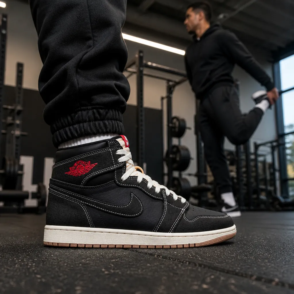 Athletic lifestyle shot showing the Flight Club styled with black joggers and a matching hoodie in a modern gym environment