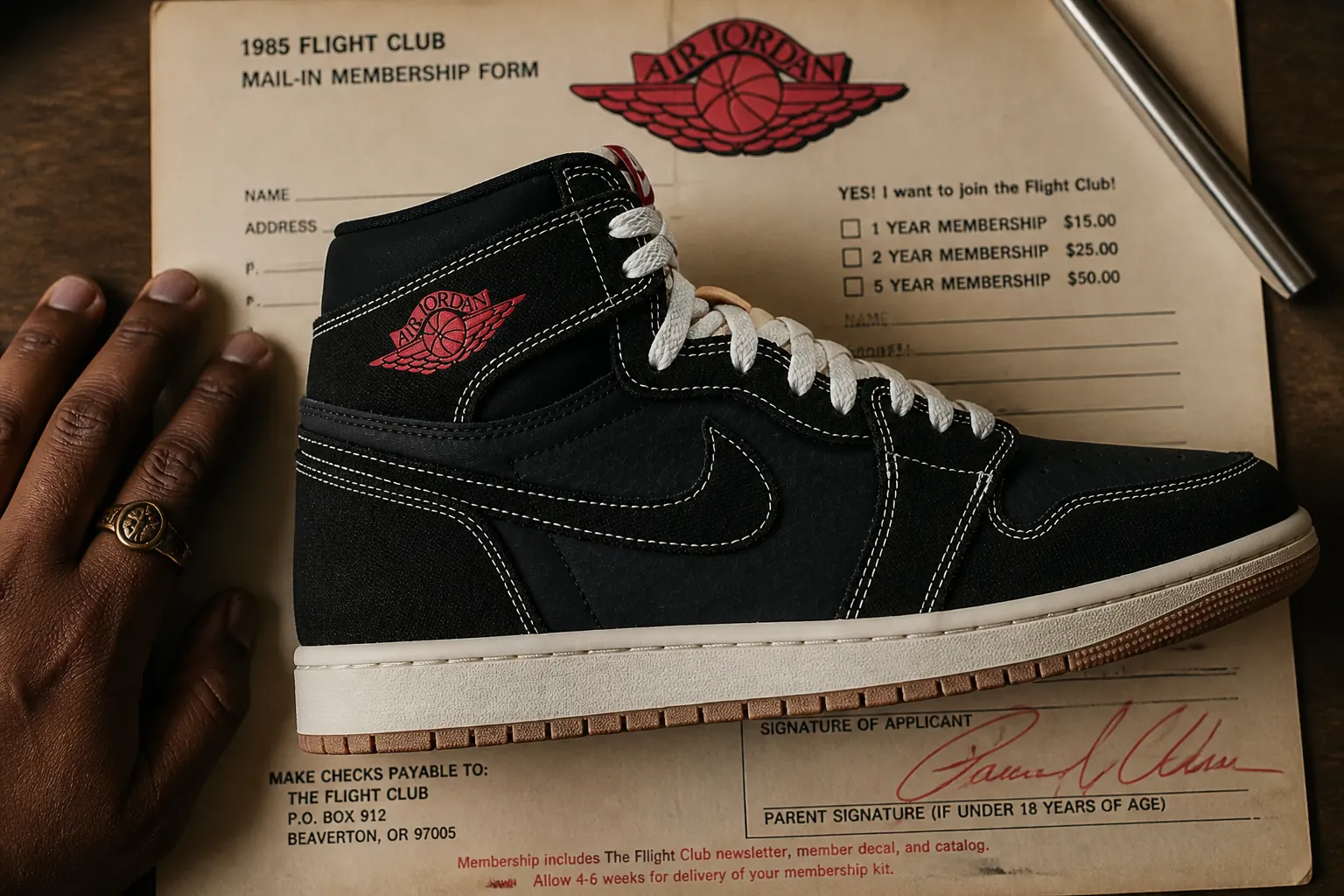 Vintage 1985 Flight Club mail-in membership form with period-appropriate typography and MJ signature graphic