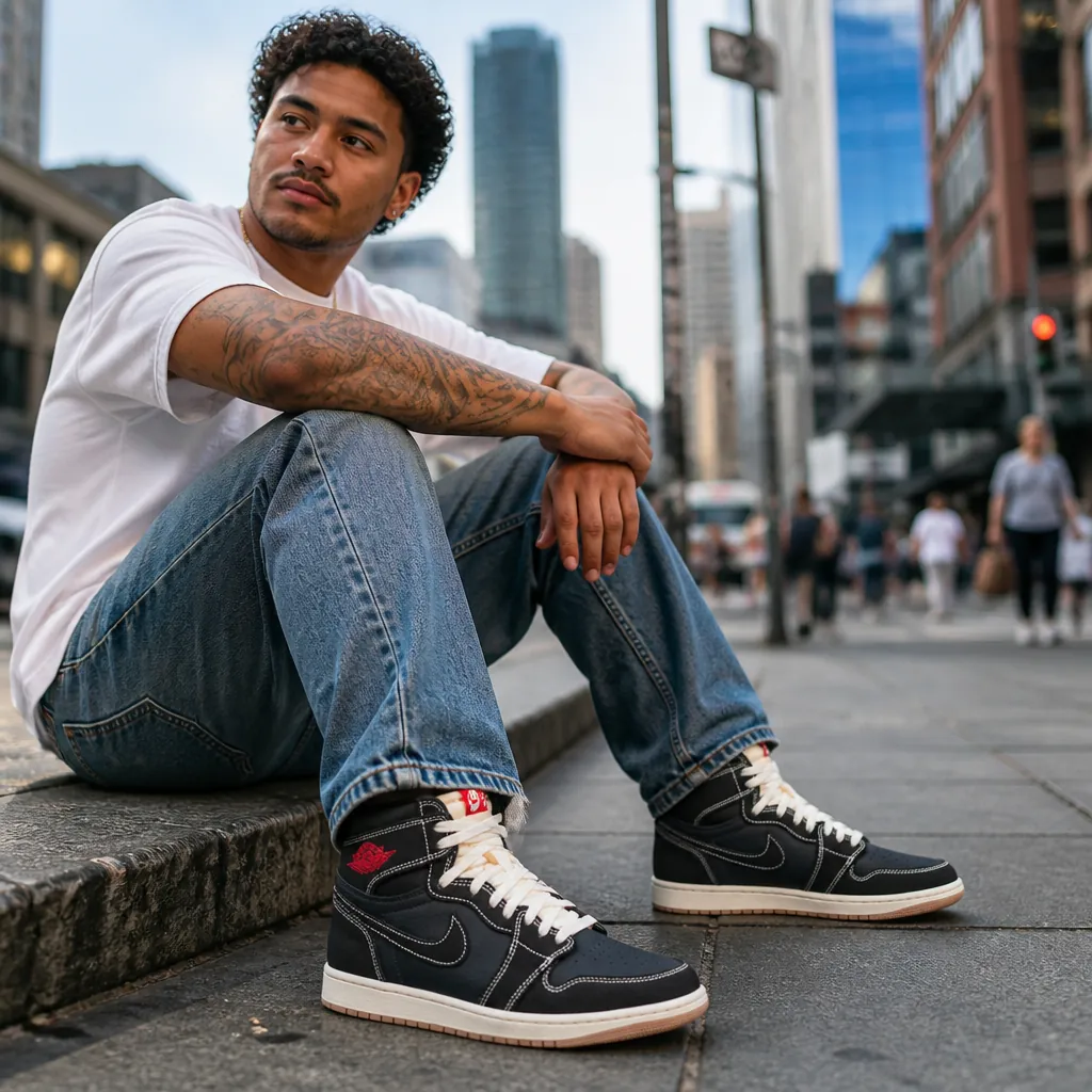 Urban street style featuring the Air Jordan 1 Flight Club paired with classic blue denim jeans and a casual white tee in a city setting