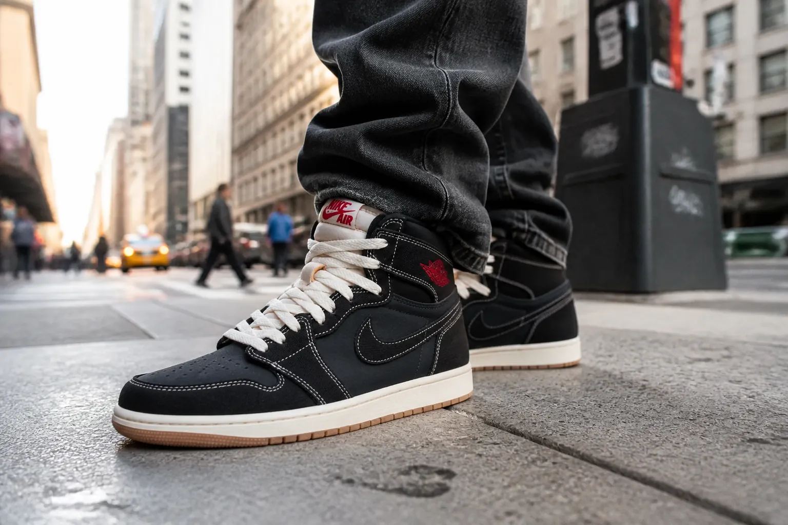 Same person upgraded to Air Jordan 1 Flight Club radiating confidence and premium style in urban setting
