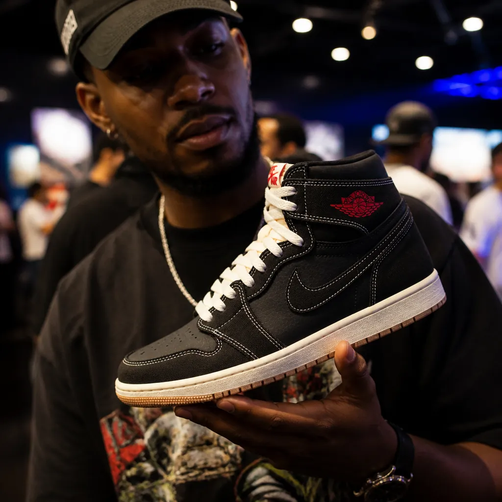 Sneaker collector displaying Air Jordan 1 Flight Club at exclusive sneaker event with dramatic lighting