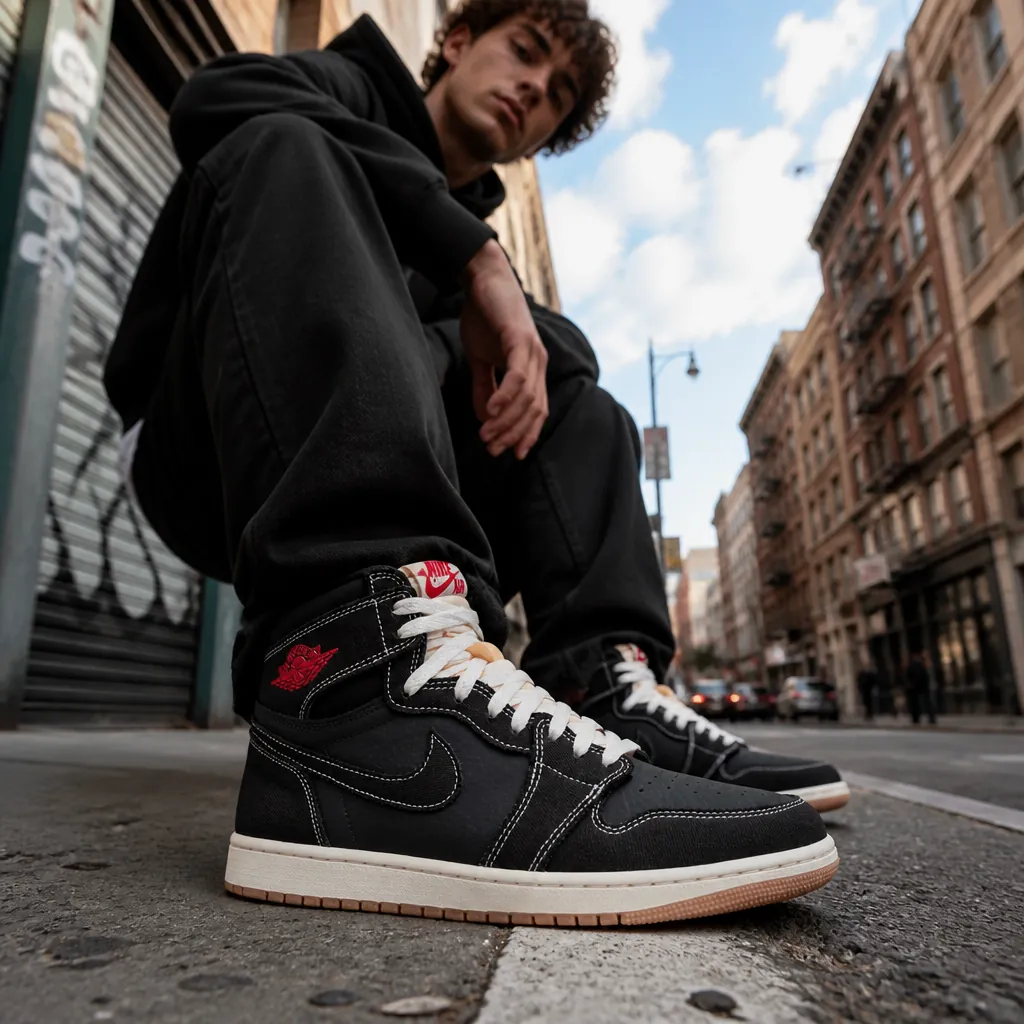 Young sneaker enthusiast wearing Air Jordan 1 Flight Club standing confidently on city street with urban backdrop