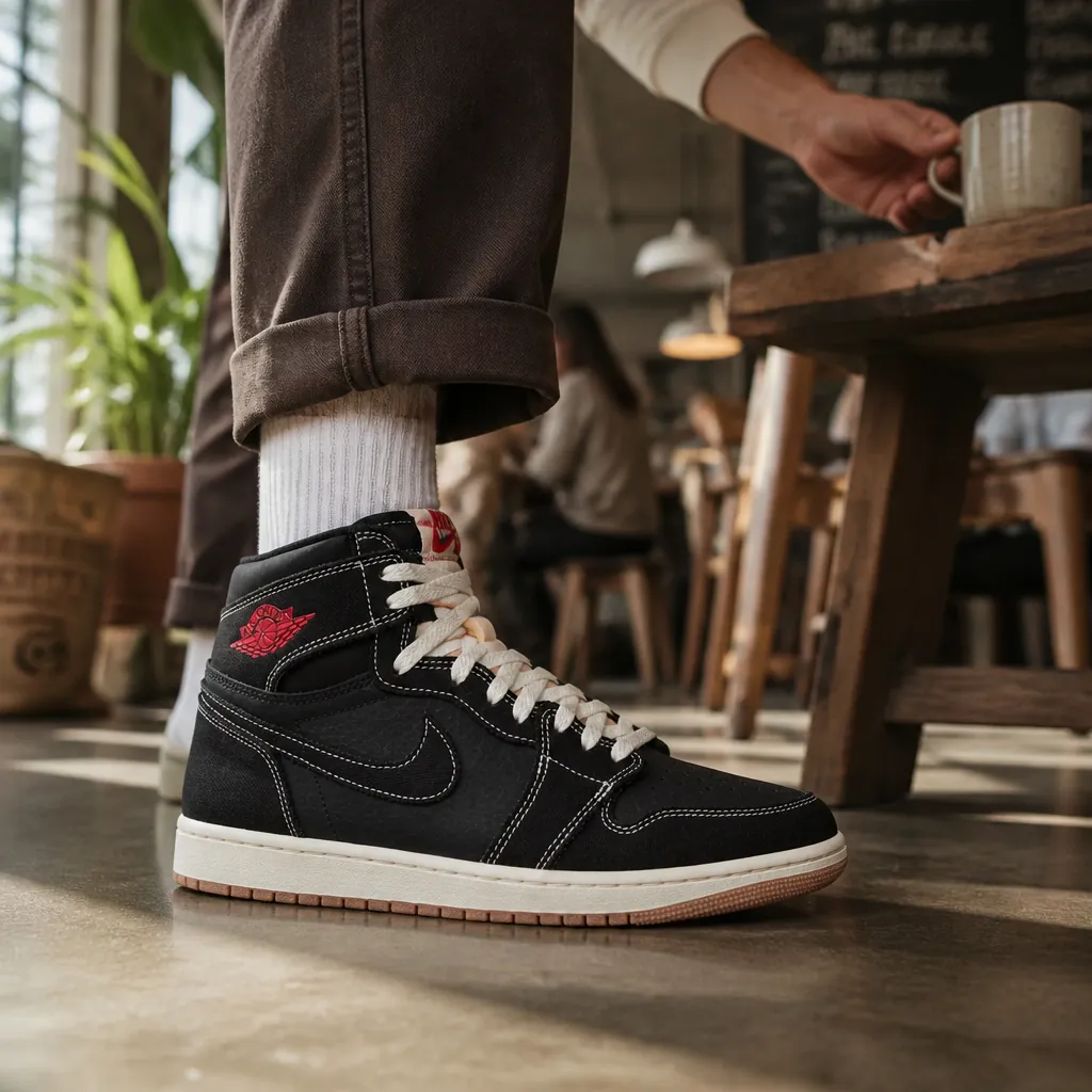 Fashion-forward individual sporting Air Jordan 1 Flight Club at trendy coffee shop with aesthetic interior