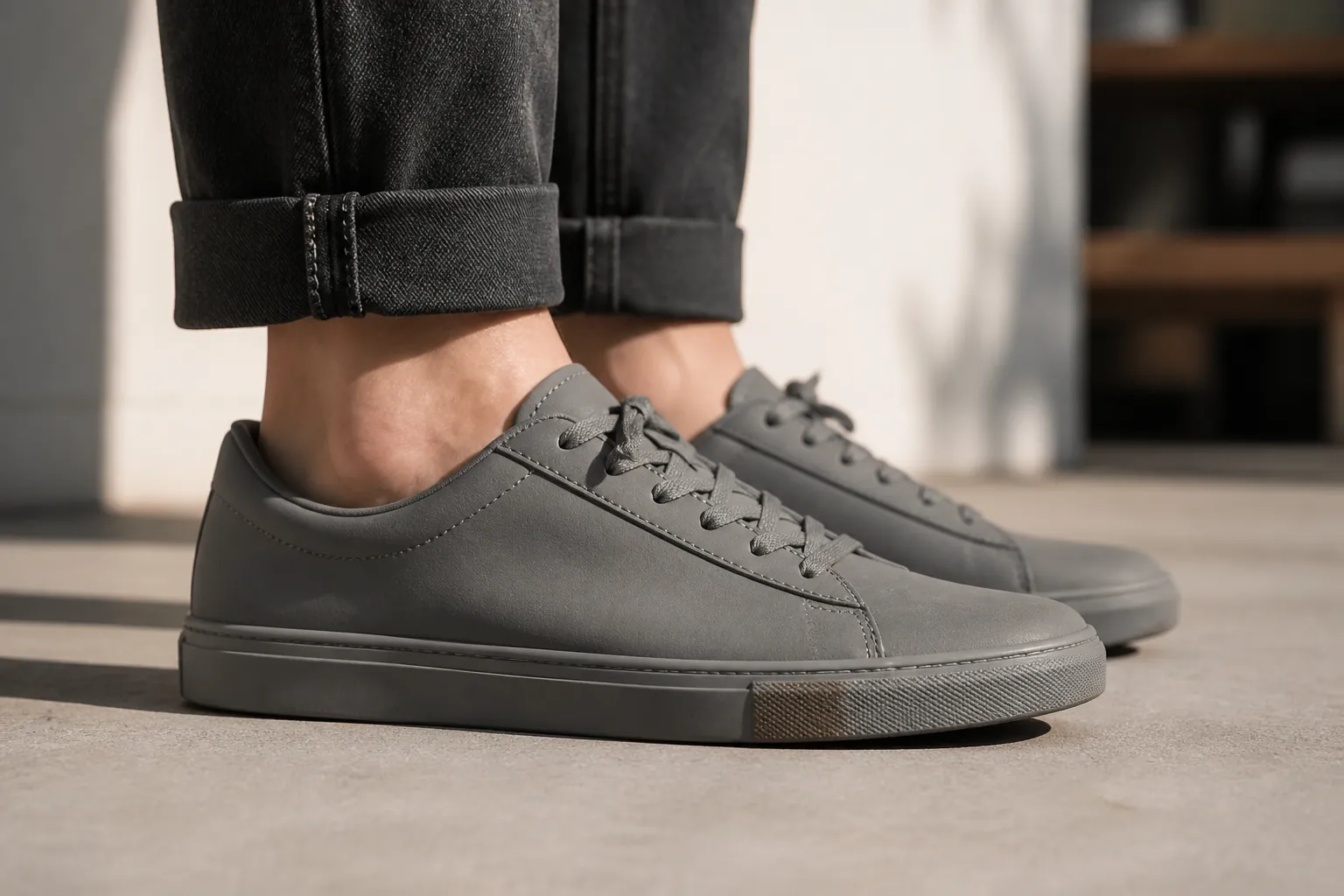 Person wearing basic plain sneakers looking ordinary and unremarkable in a casual setting