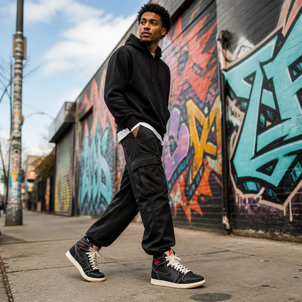 Confident modern sneakerhead wearing Air Jordan 1 Flight Club confidently walking through an urban setting with street art backdrop