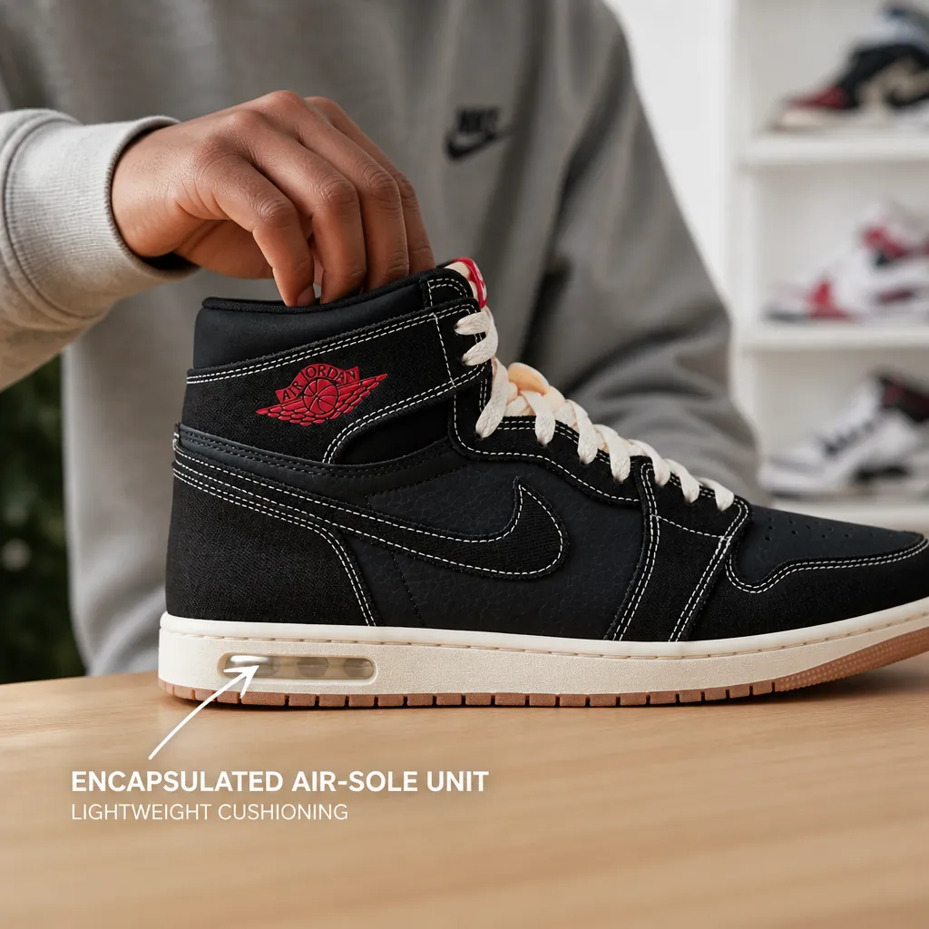 Side profile view of the Air Jordan 1 Flight Club showing the encapsulated Air-Sole unit in the heel with callout arrow highlighting the cushioning technology