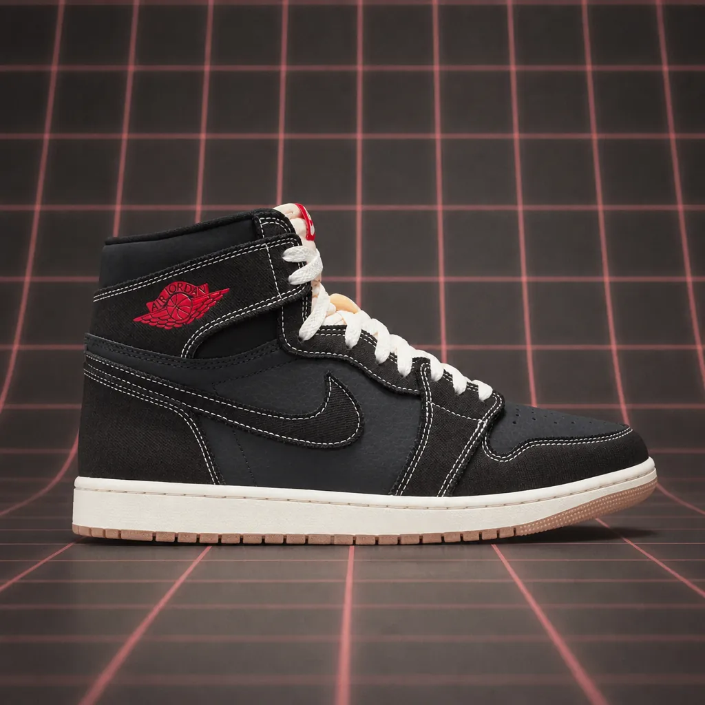Modern Air Jordan 1 Flight Club side profile shot against a retro grid background showing the black woven textile upper