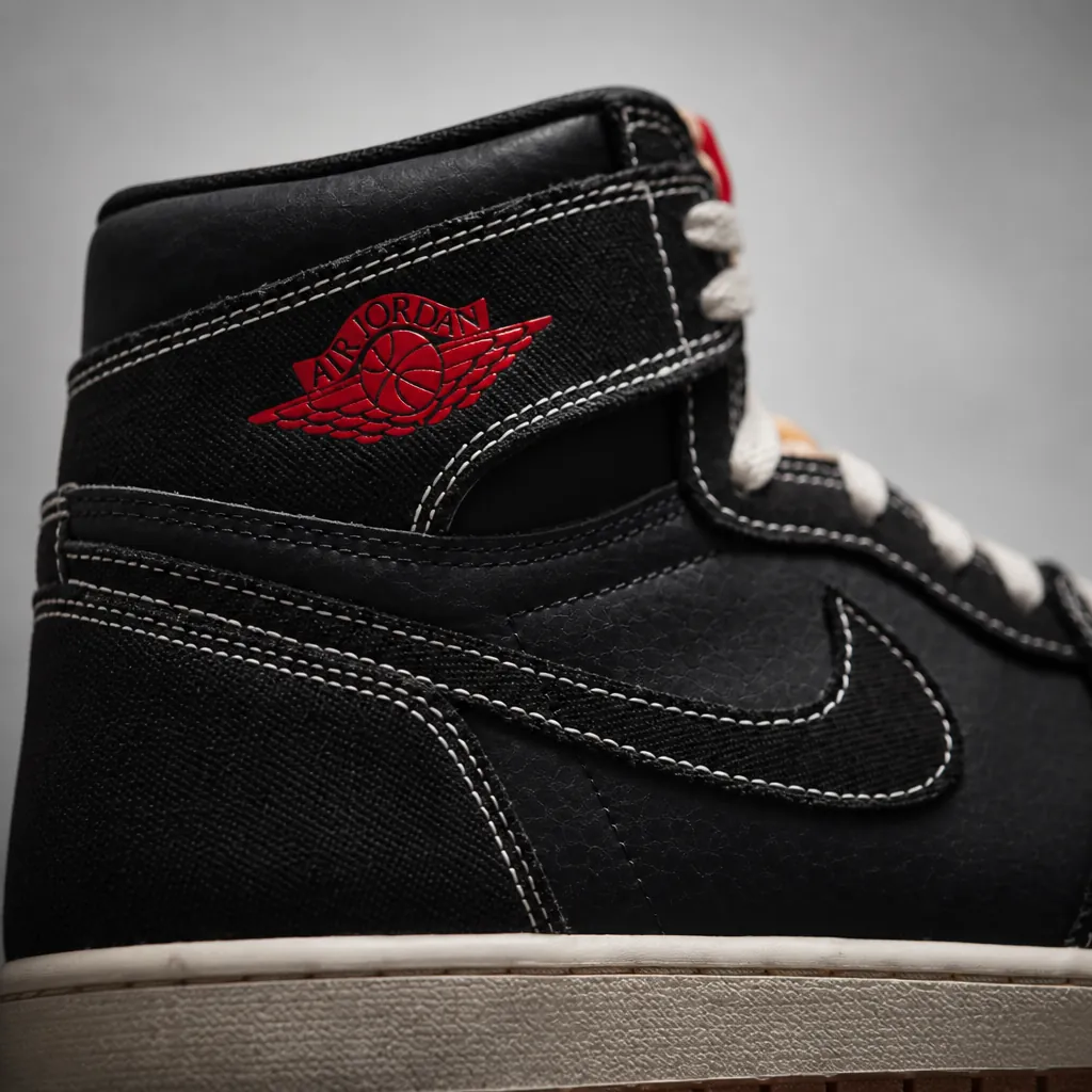 Close-up of the Jumpman logo on the Flight Club sneaker with dramatic lighting highlighting the iconic silhouette in red and white