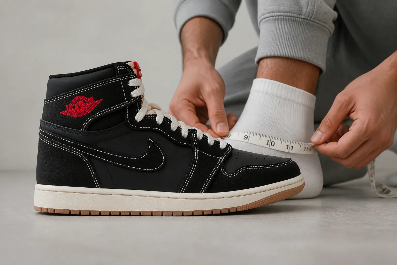 Professional size guide illustration with measuring tape graphic showing foot measurement technique alongside shoe size conversion table for Air Jordan sizing