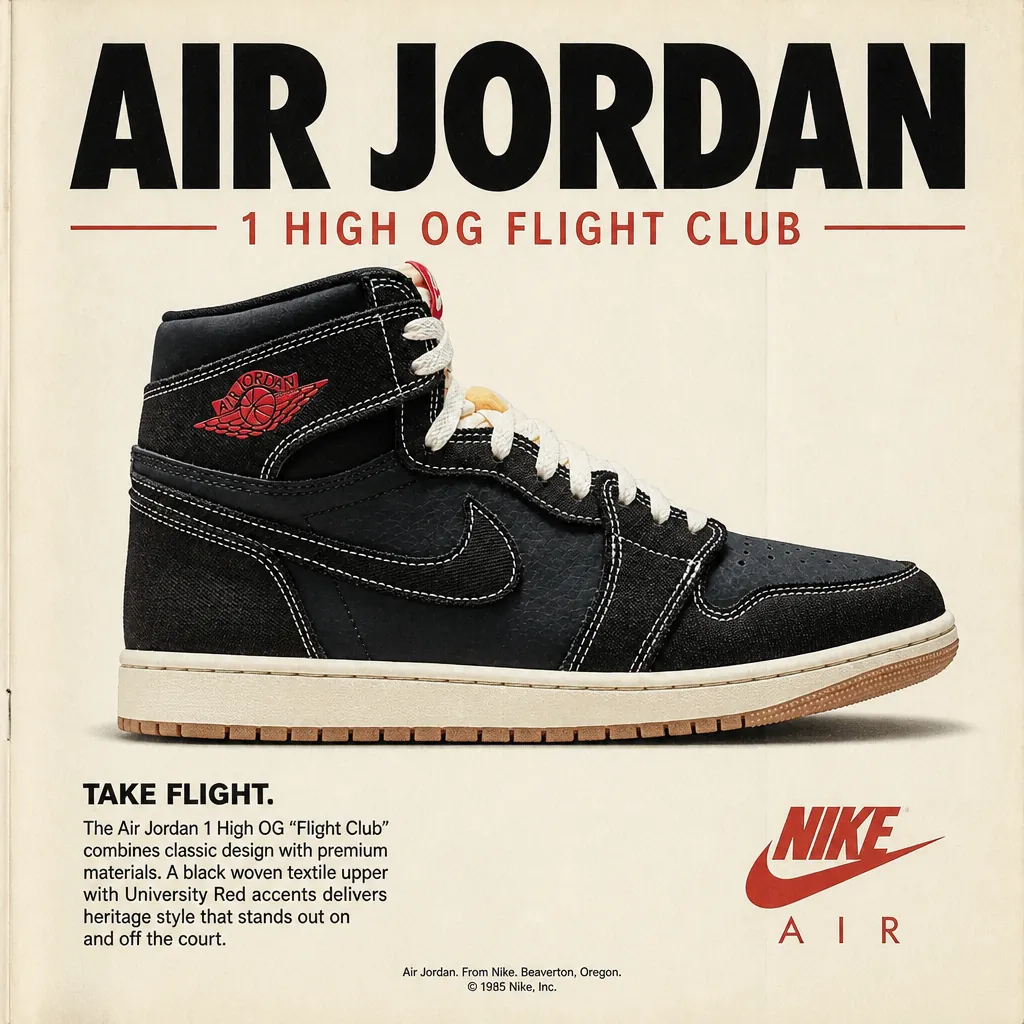 Retro vintage-style Air Jordan catalog page from the 1980s showing classic basketball sneakers in bold typography with nostalgic color scheme