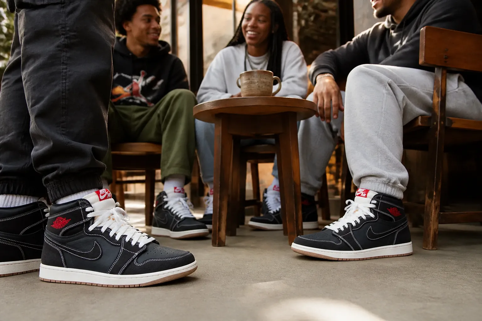 Group of friends wearing matching Air Jordan 1 Flight Club sneakers hanging out at a cafe with casual streetwear outfits