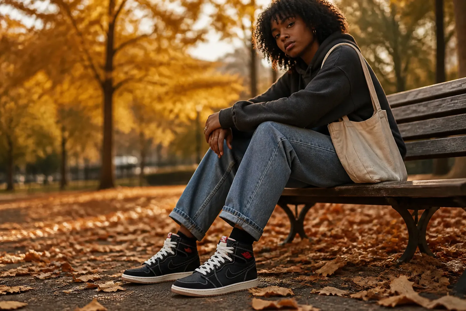 Young woman casually wearing Air Jordan 1 Flight Club sitting on a park bench with autumn leaves creating a warm atmosphere around her