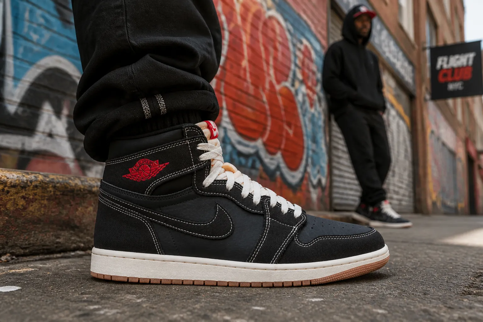 Sneaker enthusiast wearing Air Jordan 1 Flight Club standing on an urban street with graffiti background showcasing the iconic shoe