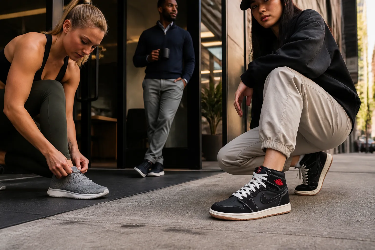 Three diverse customers happily wearing their Air Jordan 1 Flight Club sneakers - a young professional at work, a fitness enthusiast after a workout, and a street style influencer striking a confident pose