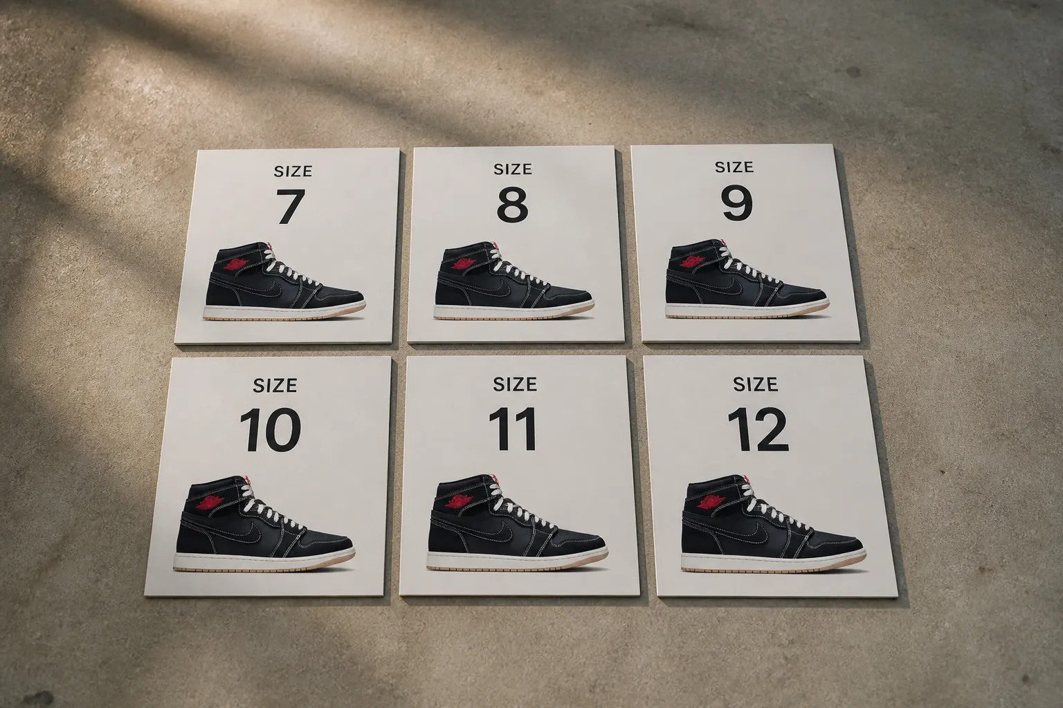 Visual size availability indicator showing all available sizes 7 through 12 in a clear grid layout with size 7, 8, 9, 10, 11, and 12 displayed prominently