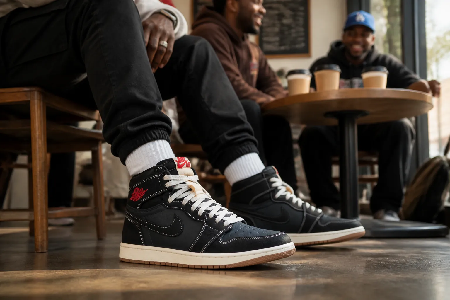 A stylish person wearing the Air Jordan 1 Flight Club sneakers casually at a modern cafe, showing the sneakers prominently while enjoying coffee with friends