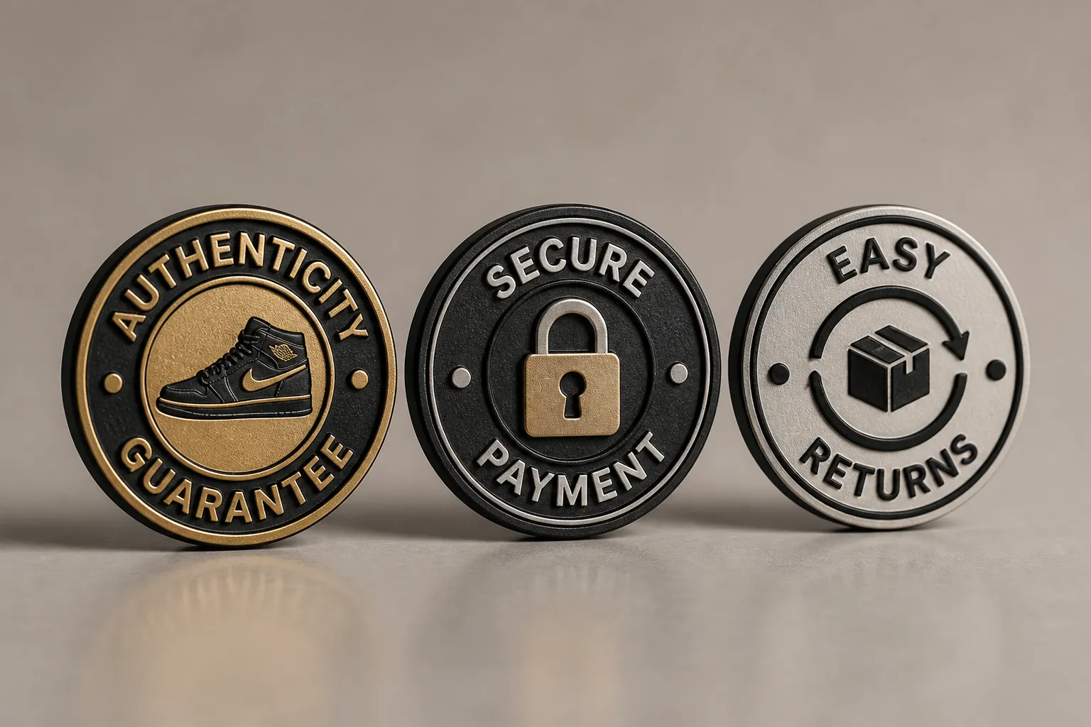 Trust badge icons showing authenticity guarantee stamp, secure payment padlock, and return policy badge arranged horizontally