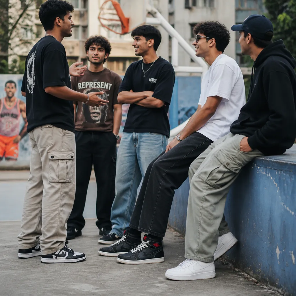 Group lifestyle image showing diverse sneaker enthusiasts wearing premium Jordan footwear, gathered together united by their passion for basketball culture and streetwear fashion