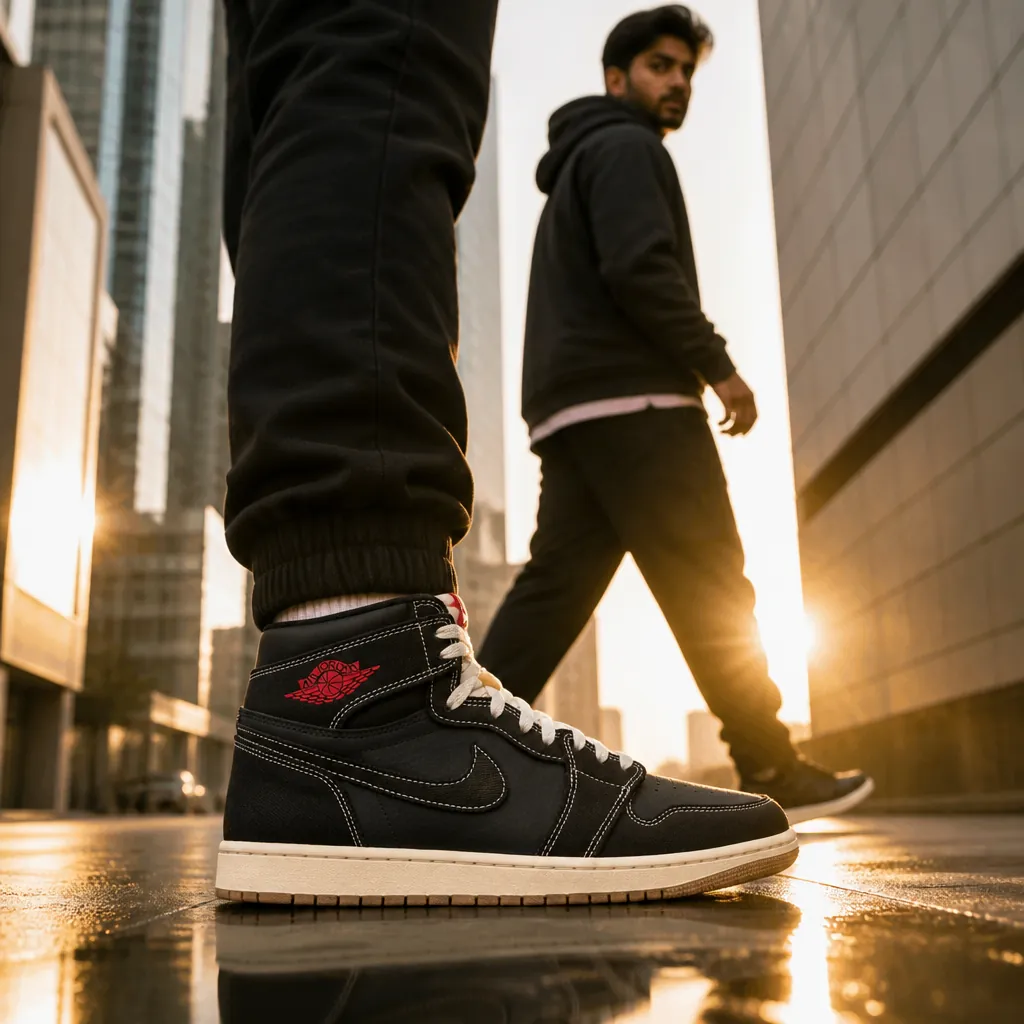 Aspirational lifestyle shot of a confident individual wearing the Air Jordan 1 Flight Club captured mid-stride walking through a sleek urban environment with golden hour backlighting highlighting their silhouette