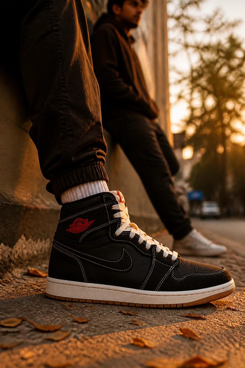 Atmospheric background showing golden hour lighting with warm amber tones and subtle urban silhouette creating an aspirational mood for the Jordan brand lifestyle