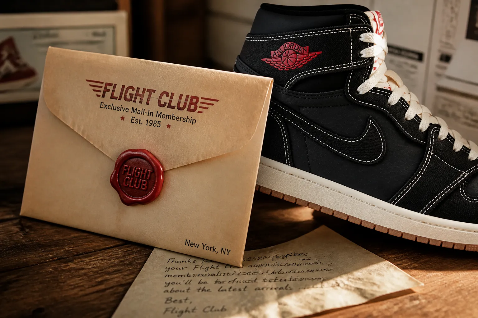 Vintage sealed envelope with Flight Club branding and mysterious red wax seal, evoking the exclusive mail-in membership program from the 1980s