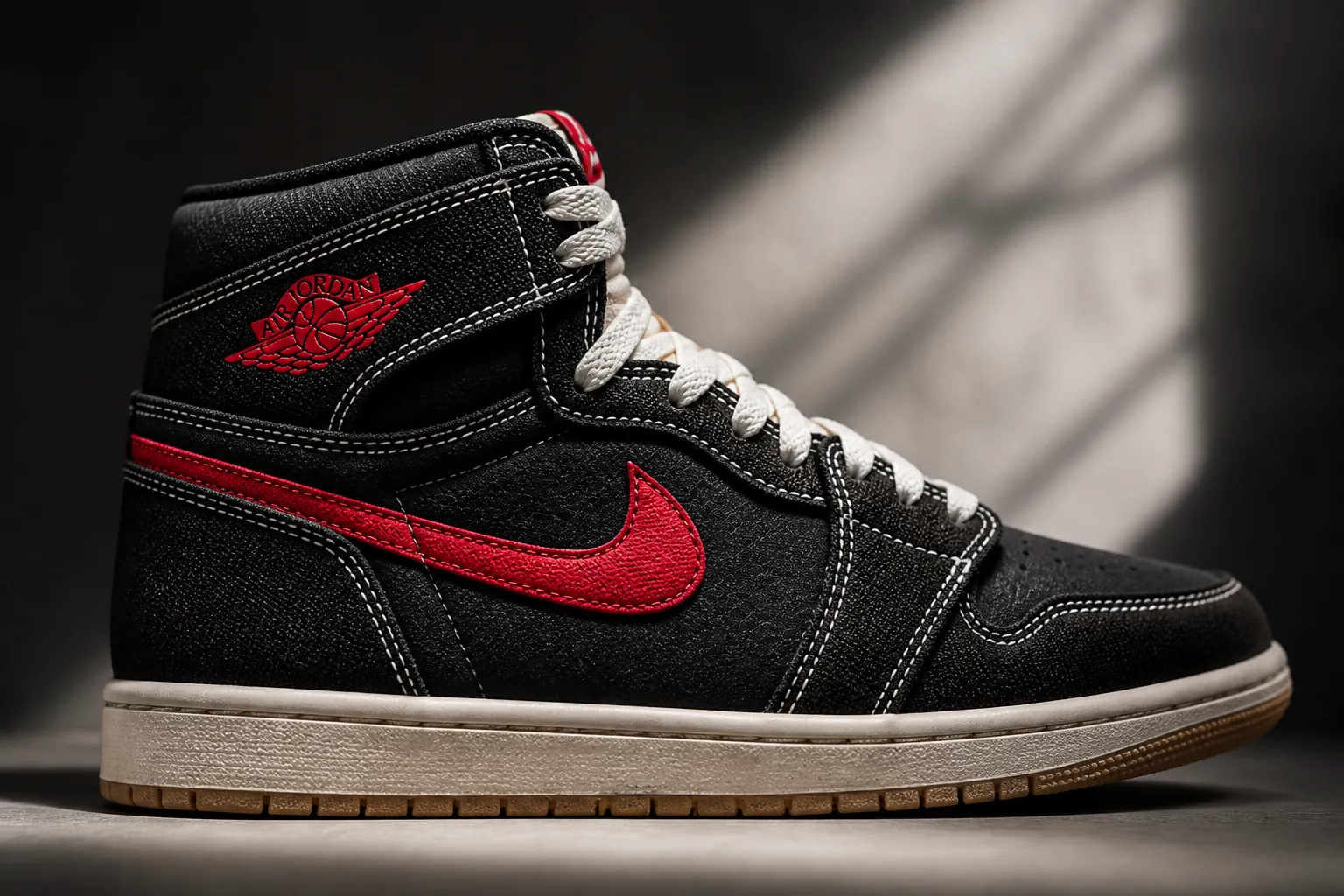 Vibrant University Red accents on the swoosh logo and heel tab contrasting against the black upper in dramatic studio lighting