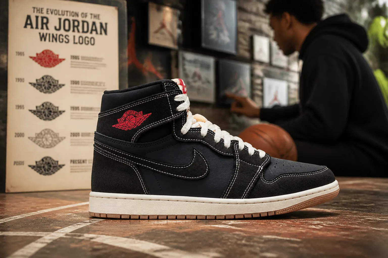 Sneaker history icon showing vintage timeline with Air Jordan logo evolution