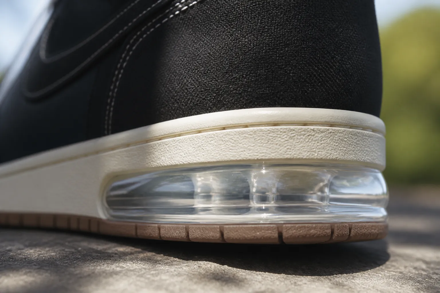 Detailed view of Nike Air-Sole unit in heel showing translucent cushioning technology with light refracting through the air pocket