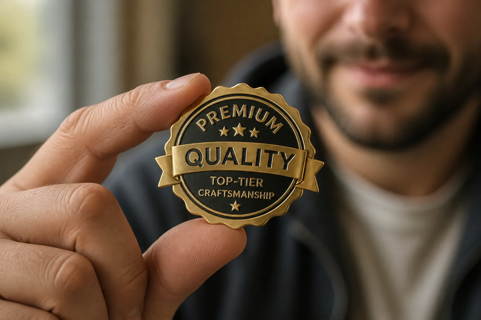 Luxurious premium quality badge icon with gold ribbon and star symbol representing top-tier craftsmanship