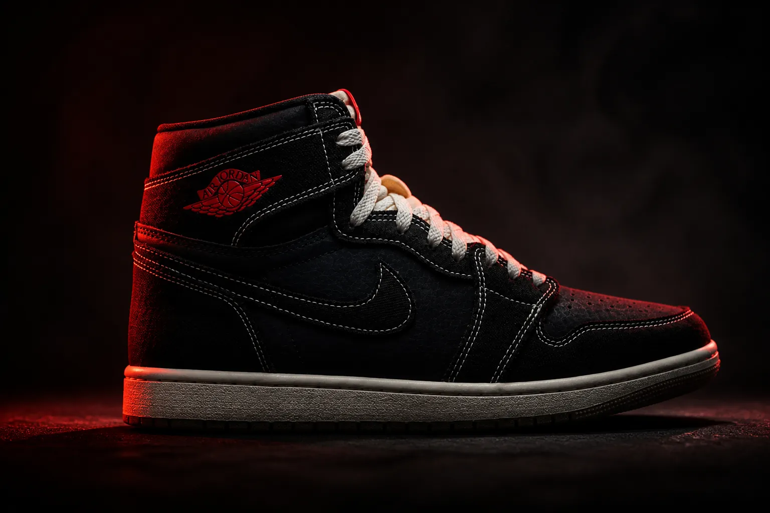 Final dramatic product shot of Air Jordan 1 Flight Club with mysterious lighting and red accent glow creating a sense of exclusivity and urgency