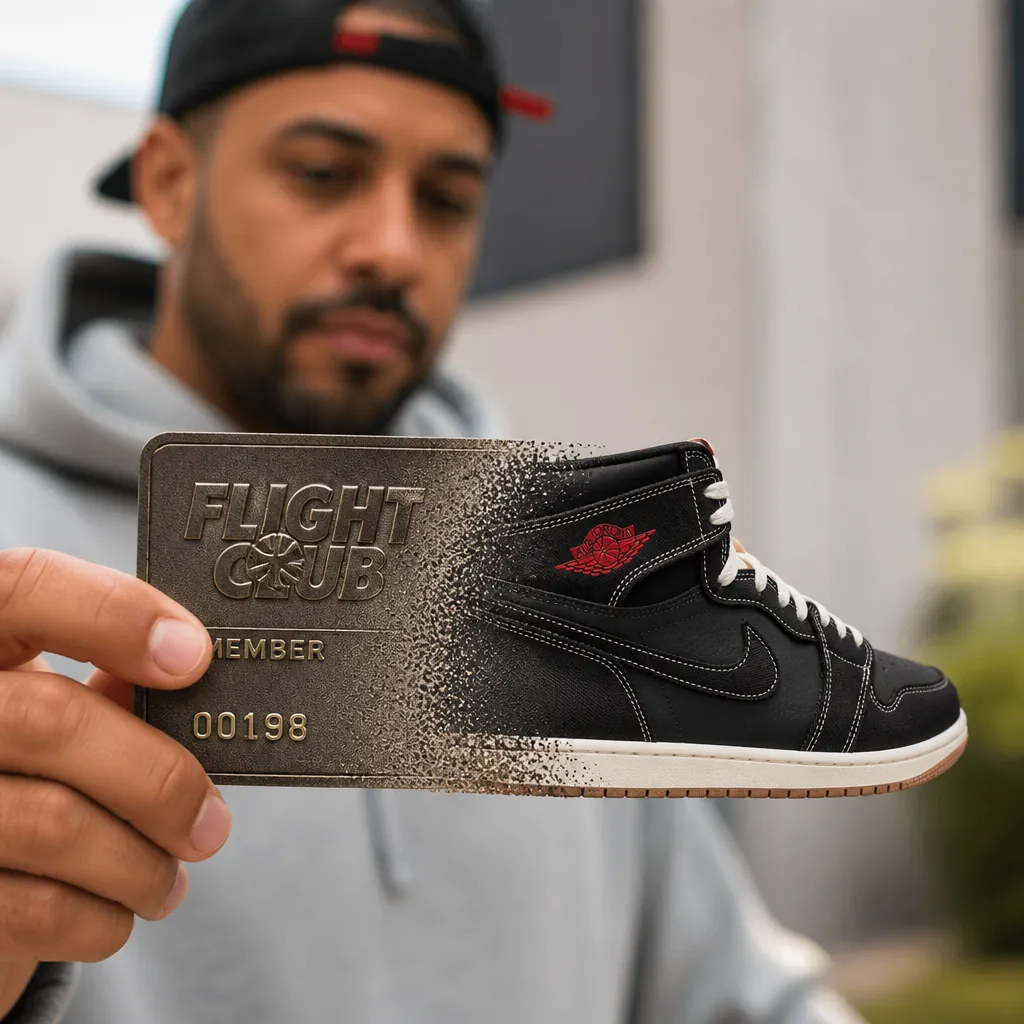 Transforming graphic showing vintage Flight Club membership card with embossed logo and membership number dissolving into modern Air Jordan 1 Flight Club sneaker silhouette