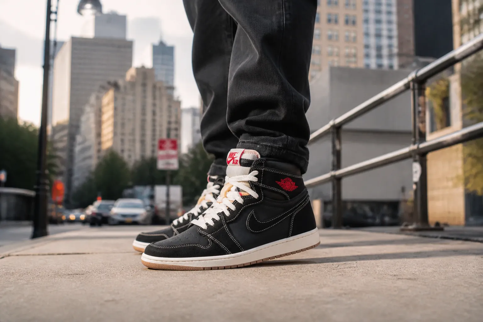 Customer wearing Flight Club sneakers standing in urban environment with city backdrop