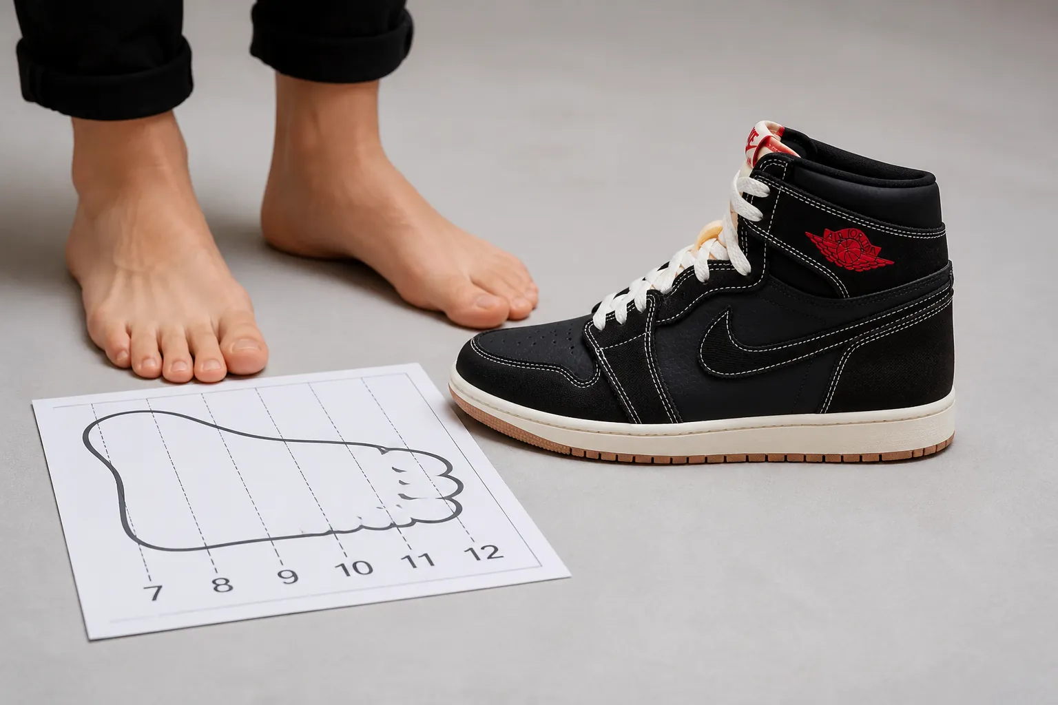 Size guide illustration showing foot measurement chart with available sizes from 7 to 12 with clear sizing indicators and fit recommendations