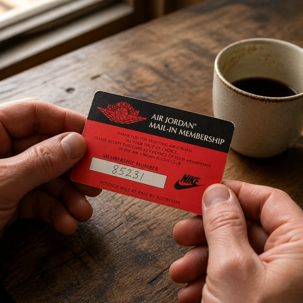 Vintage 1980s Air Jordan mail-in membership card showing classic red and black design with handwritten membership number and official Nike branding