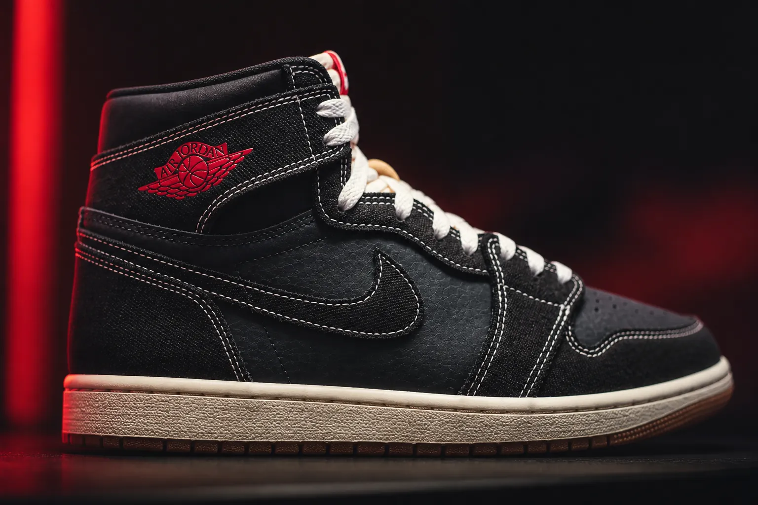 Air Jordan 1 Flight Club displayed prominently against dark gradient background with red accent lighting, showing the woven textile upper and Jumpman logo in dramatic fashion