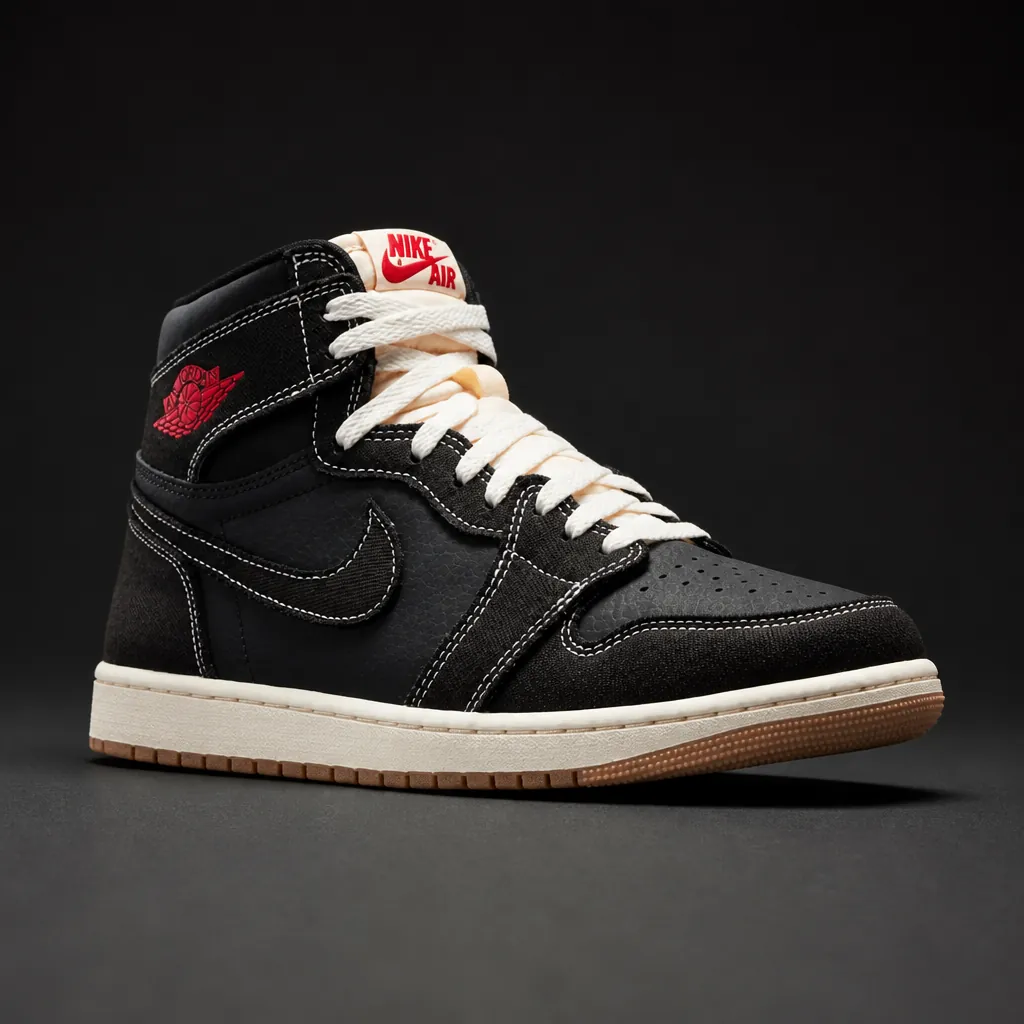Full reveal shot of the Air Jordan 1 Flight Club in dramatic studio lighting, the shoe positioned as the hero with clean background and cinematic product photography