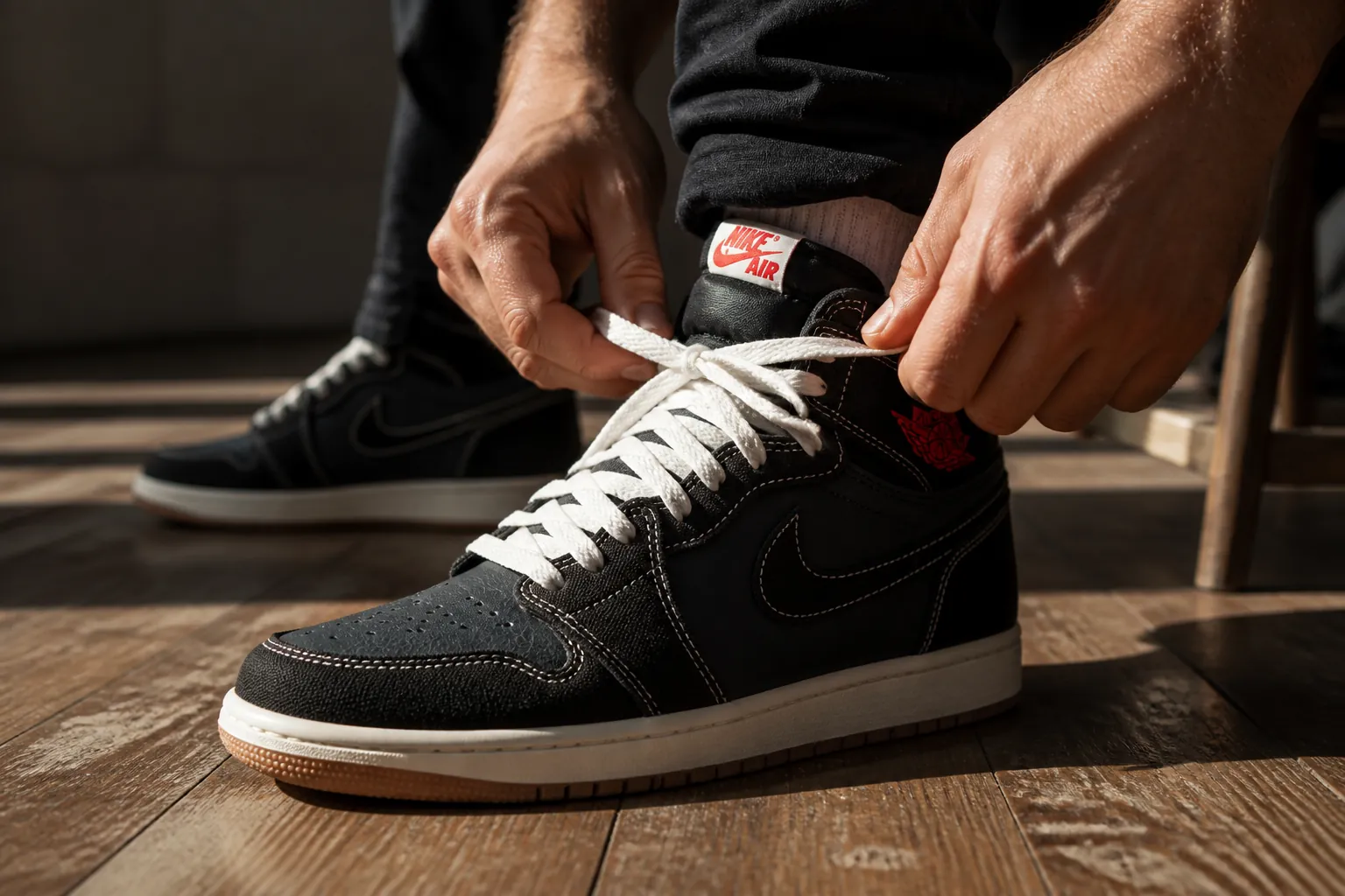 Powerful silhouette of a person tying their Air Jordan 1 Flight Club laces, morning light creating dramatic shadows, showing the ritual of preparation before greatness