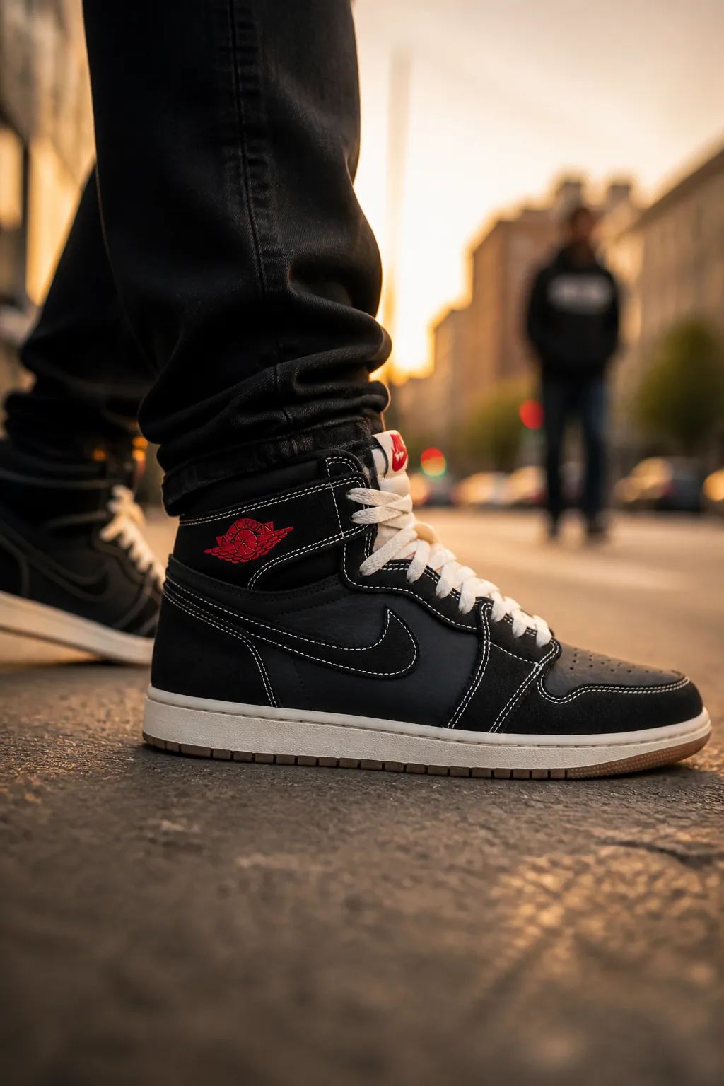 Young urban sneakerhead wearing Air Jordan 1 Flight Club walking through city streets, casual street style fashion photography with warm golden hour lighting
