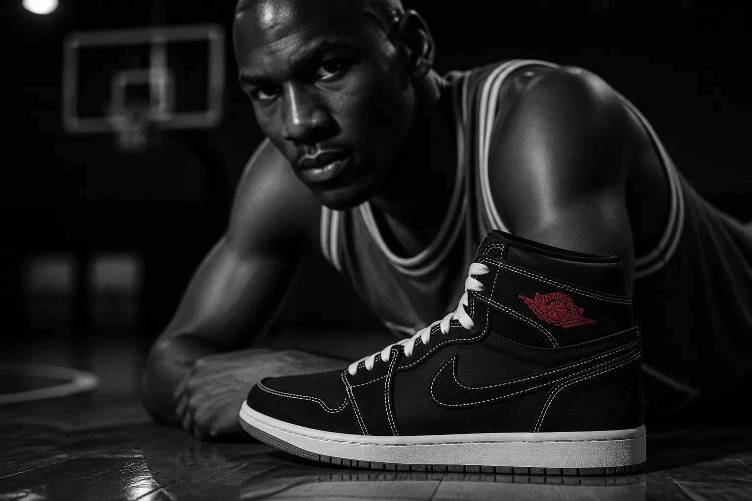 Michael Jordan in dramatic black and white cinematic pose, capturing his legendary determination and competitive spirit in a documentary-style sports photography