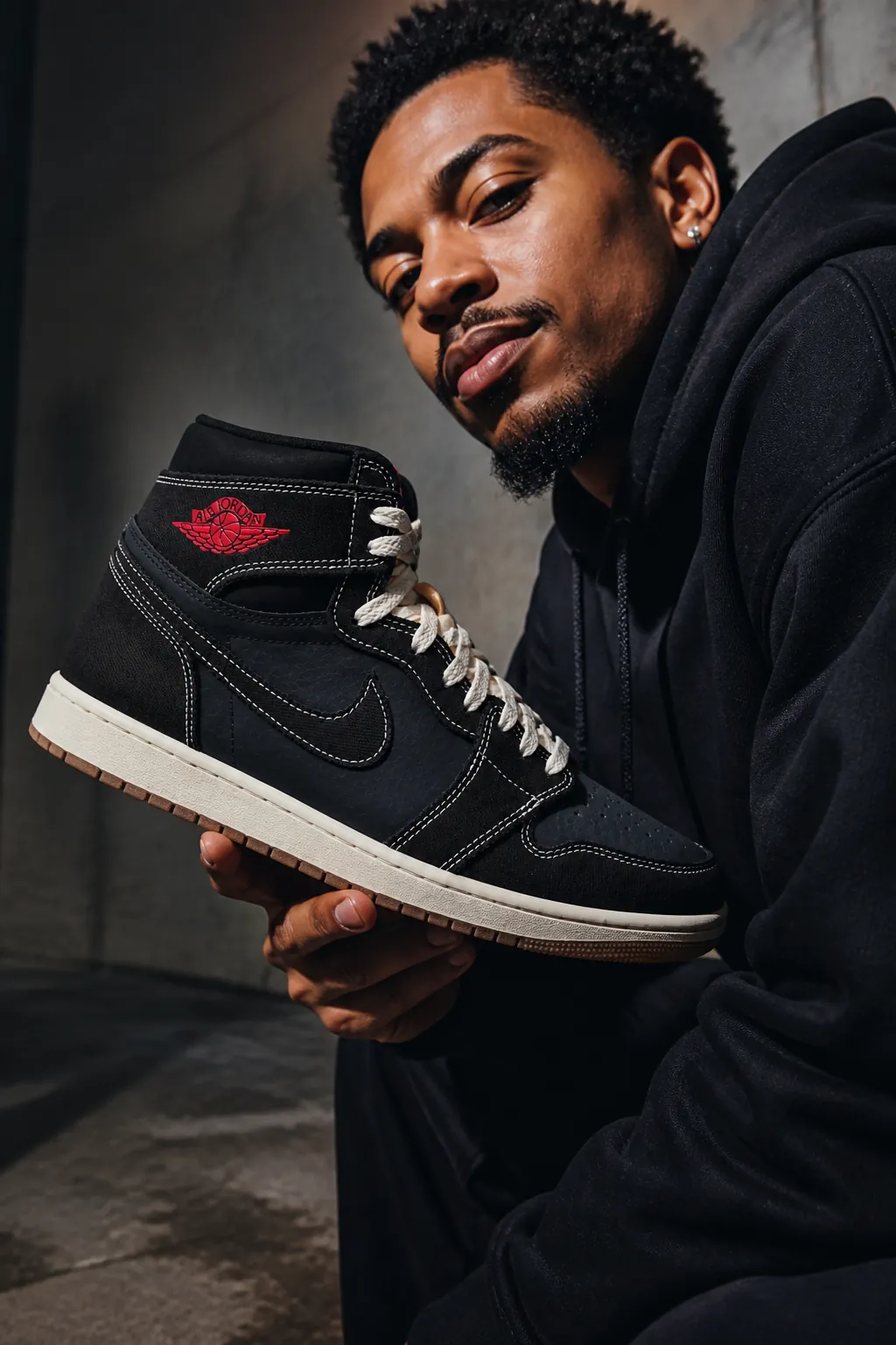 Confident sneaker enthusiast posing with Air Jordan 1 Flight Club, making a bold fashion statement, dramatic portrait with cinematic lighting and attitude