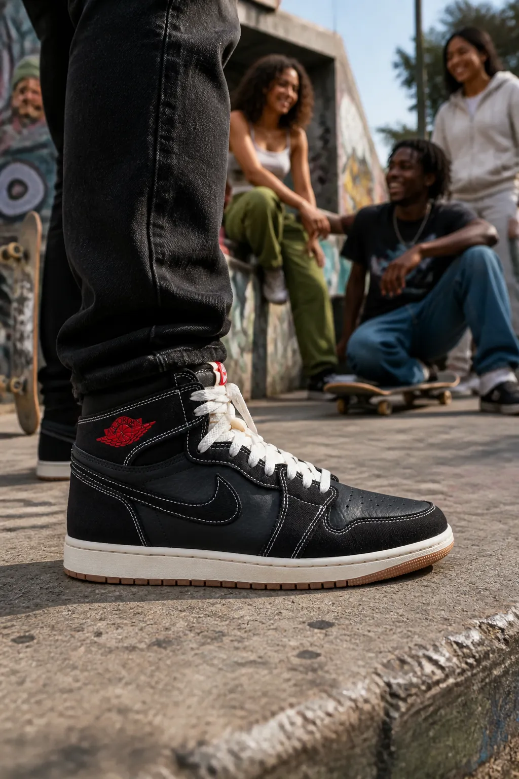 Group of friends laughing and hanging out at a skate park, one wearing Air Jordan 1 Flight Club, casual lifestyle shot with natural lighting and urban backdrop