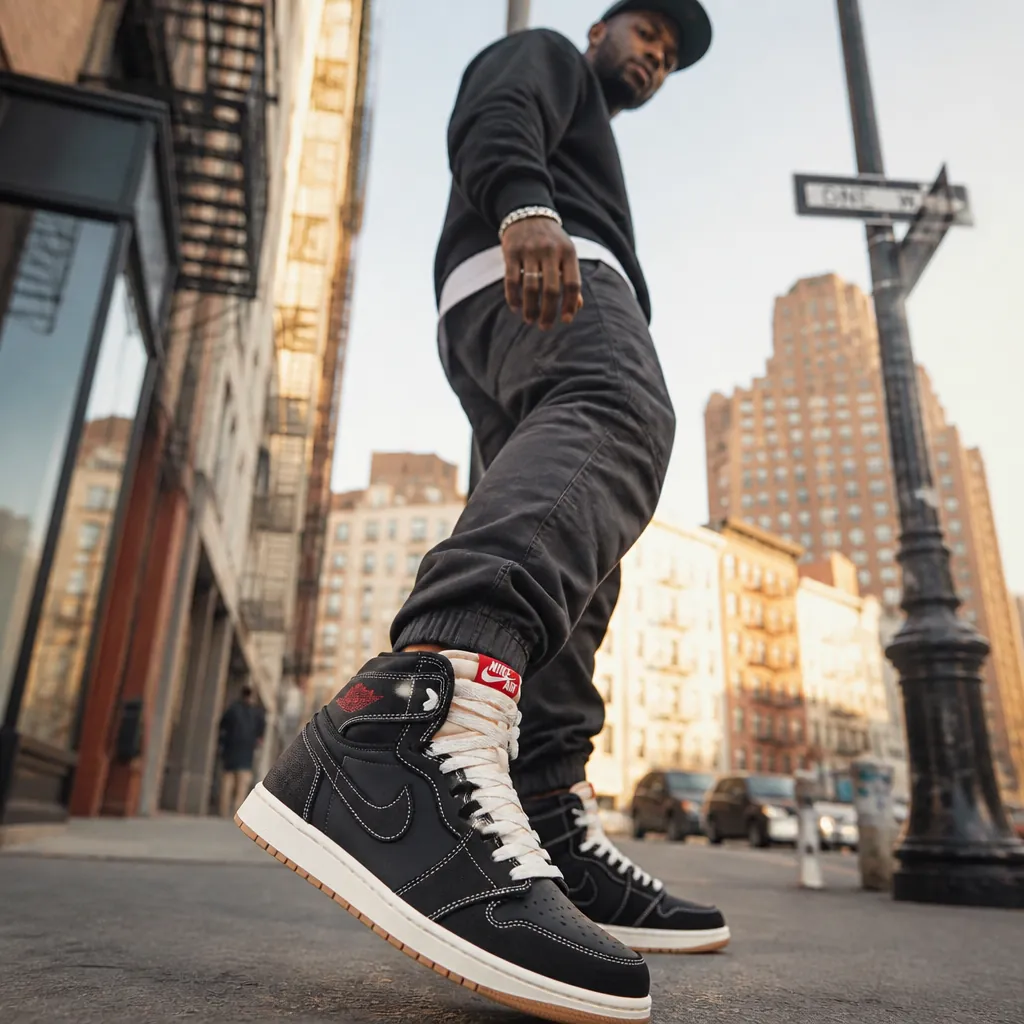 Confident urban sneakerhead wearing Air Jordan 1 Flight Club in a stylish street setting with city backdrop