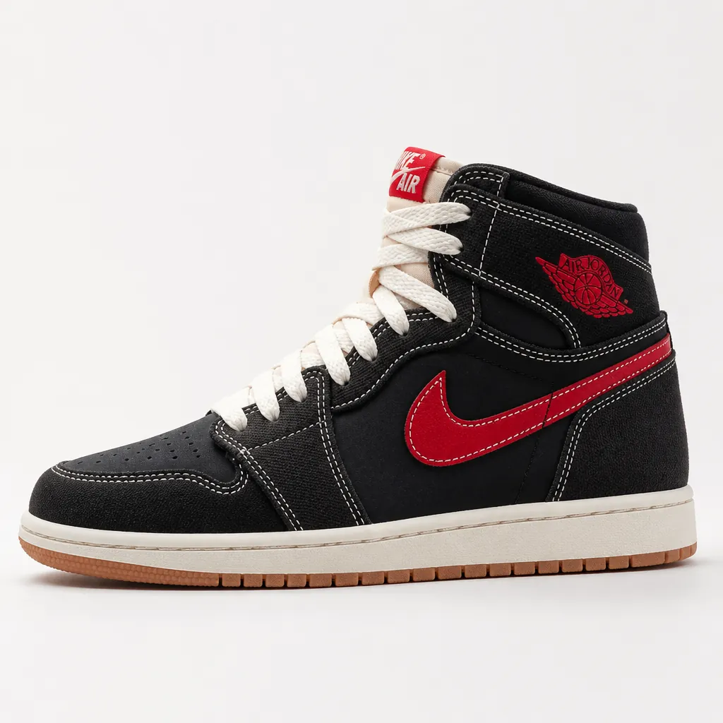 Side profile of shoe highlighting University Red swoosh and white accents on the black upper