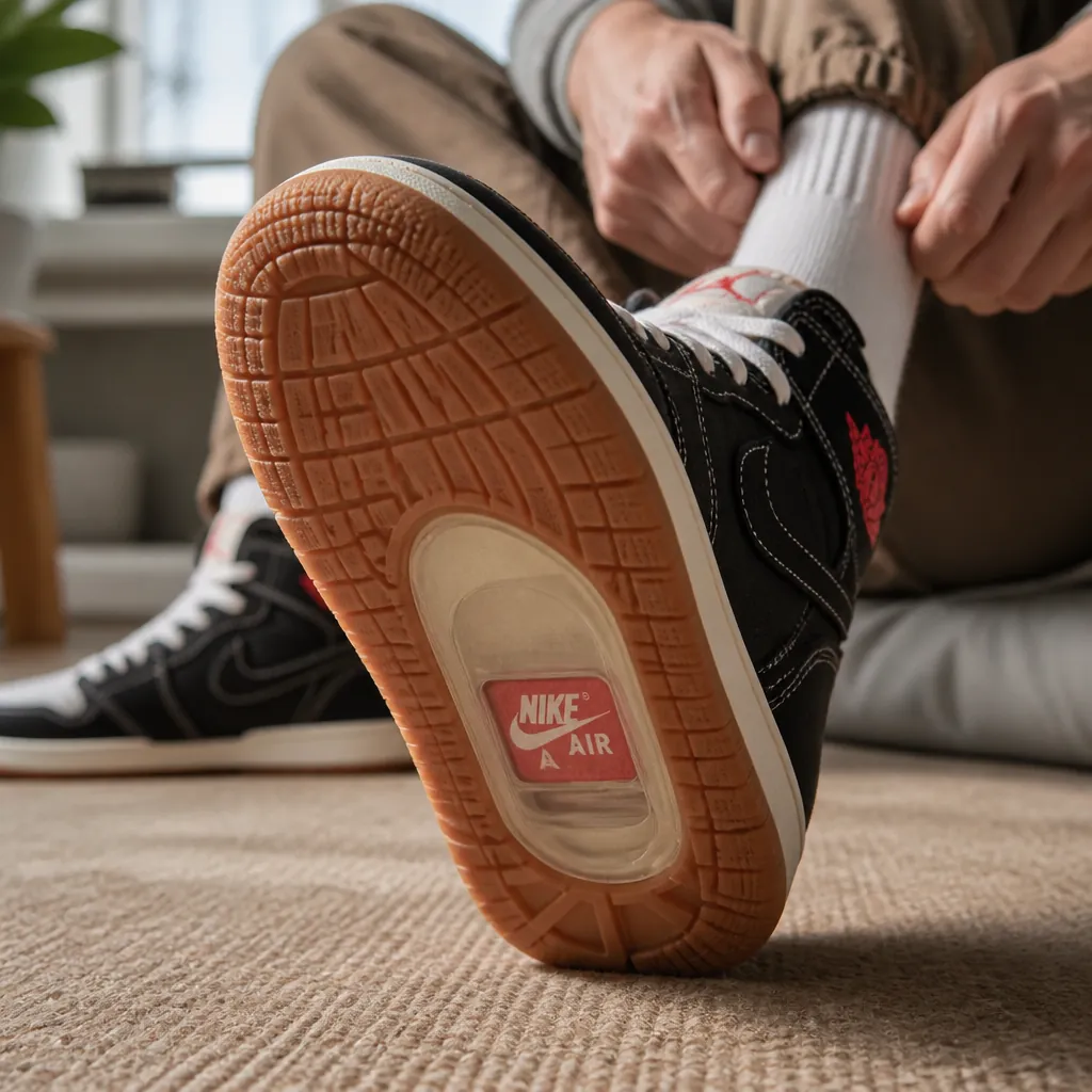 Bottom view of Air Jordan 1 Flight Club showcasing the encapsulated Nike Air-Sole unit in the heel providing soft cushioning and premium comfort