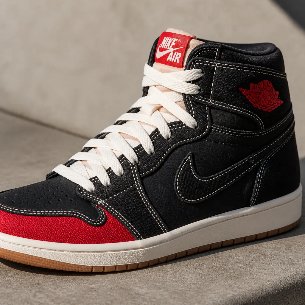 Air Jordan 1 Flight Club side profile highlighting the bold University Red accent panels contrasting against the black woven upper creating dramatic visual appeal